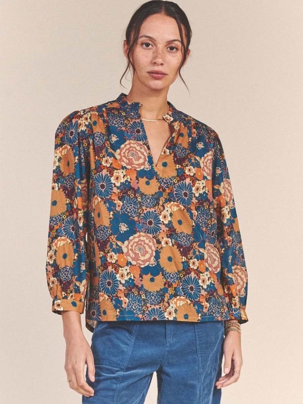 Trovata Floral Split-Neck Blouse - Navy & Orange